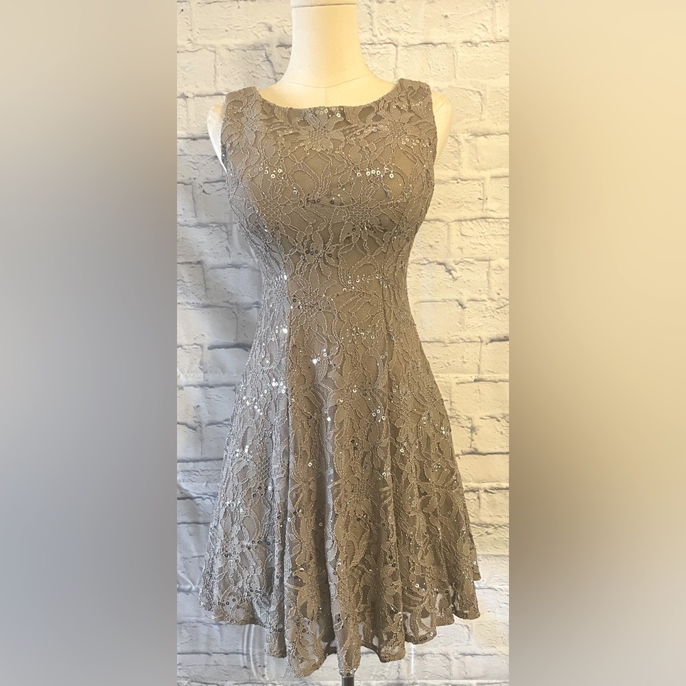 B. Darlin Floral Lace And Sequin  Skater Dress Grey Size 3/4 Party  Occasion
